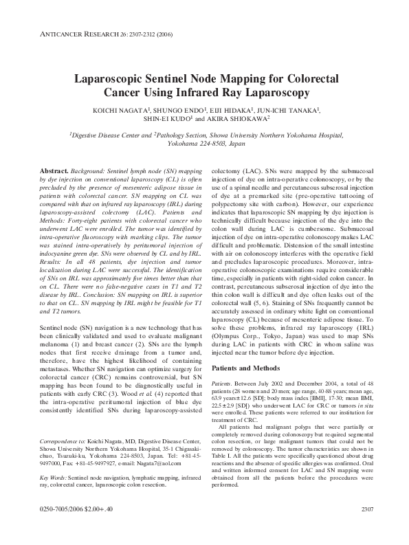 (PDF) Laparoscopic Sentinel Node Mapping for Colorectal Cancer Using ...