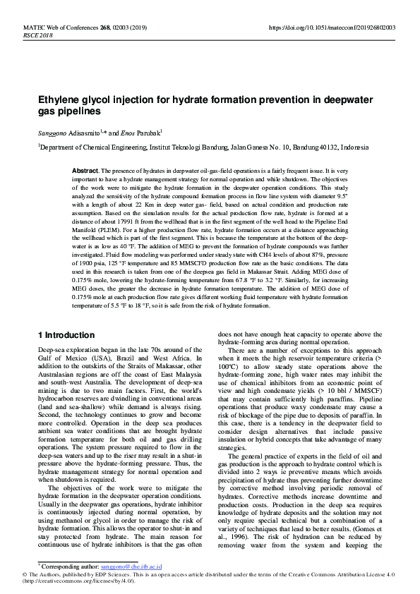(PDF) Ethylene glycol injection for hydrate formation prevention in ...