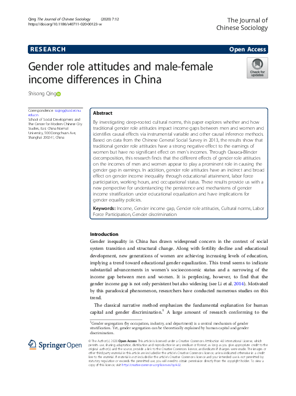 (PDF) Gender role attitudes and male-female income differences in China