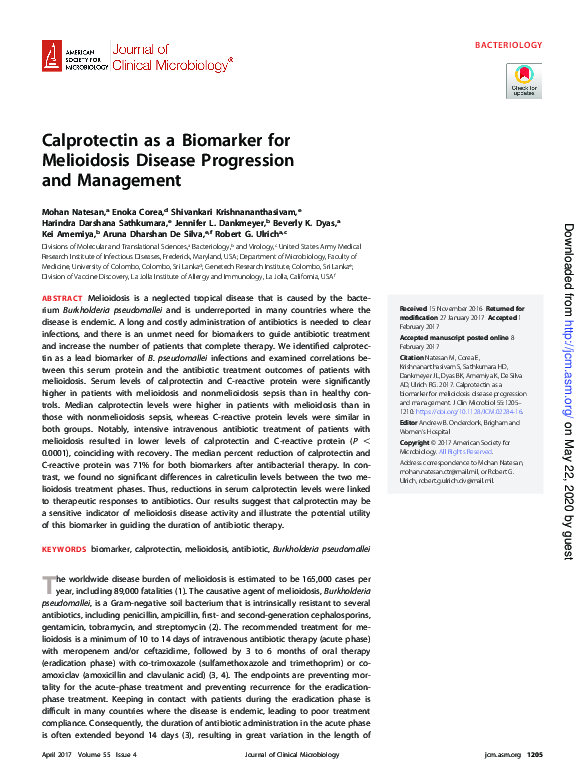 (PDF) Calprotectin as a Biomarker for Melioidosis Disease Progression ...