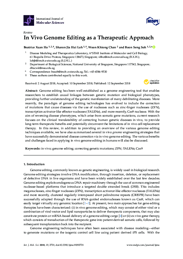 (PDF) In Vivo Genome Editing as a Therapeutic Approach