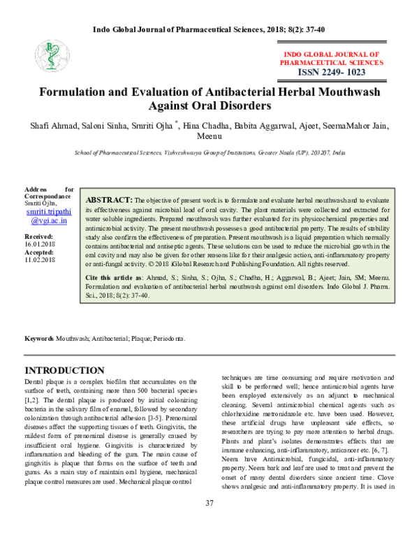 (PDF) Formulation and Evaluation of Antibacterial Herbal Mouthwash ...