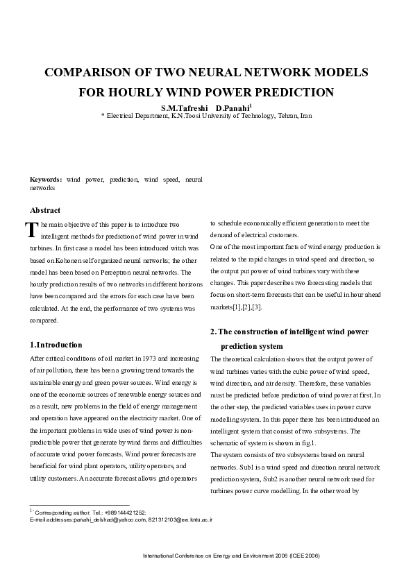 (PDF) Comparison of Two Neural Network Models for Hourly Wind Power ...
