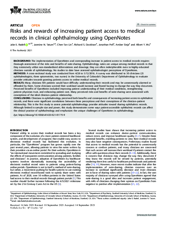 (PDF) Risks and rewards of increasing patient access to medical records ...
