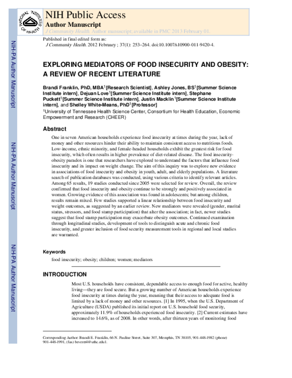 (PDF) Exploring Mediators of Food Insecurity and Obesity: A Review of ...