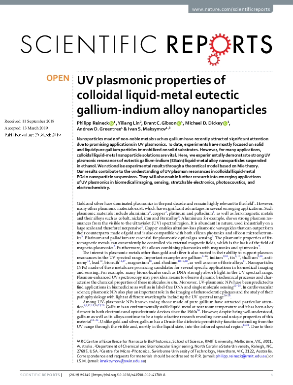 (PDF) UV plasmonic properties of colloidal liquid-metal eutectic ...