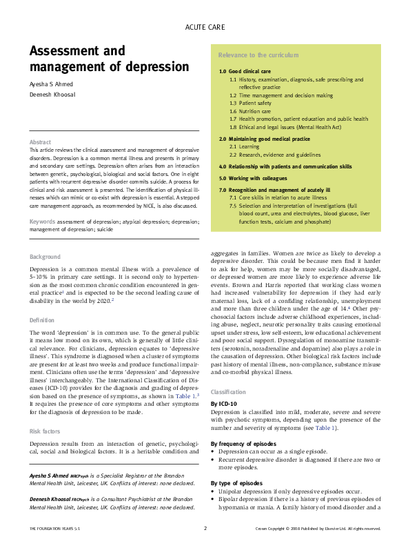 (PDF) Assessment and management of depression