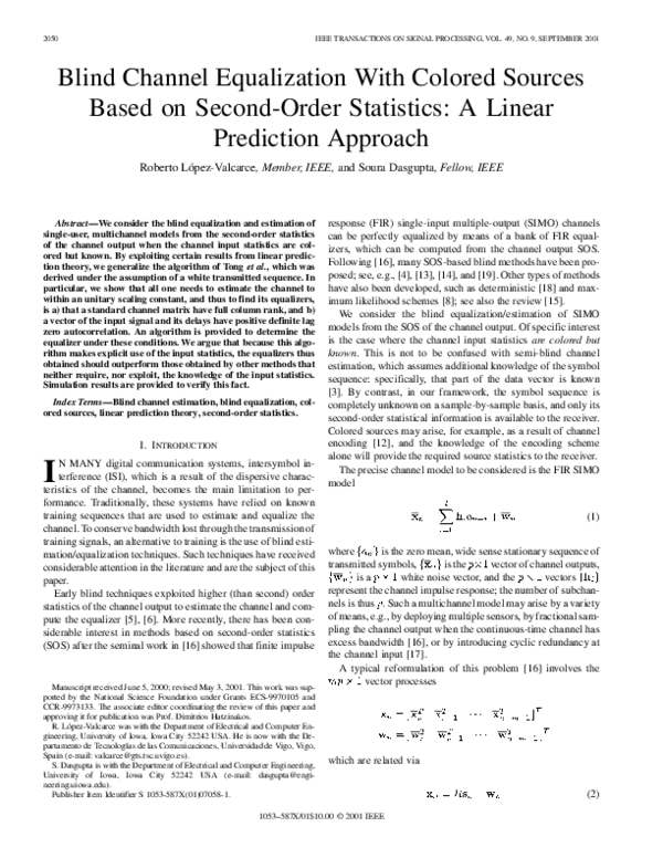 (PDF) Blind channel equalization with colored sources based on second ...