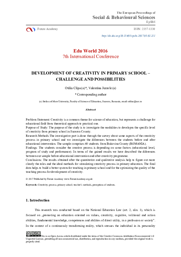(PDF) Development Of Creativity In Primary School – Challenge And ...