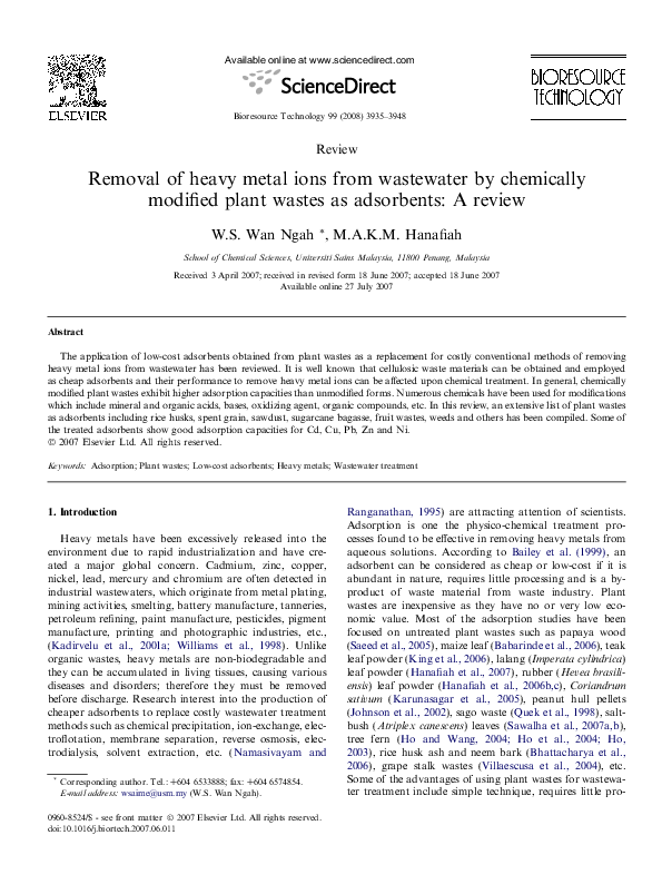 (PDF) Removal of heavy metal ions from wastewater by chemically ...