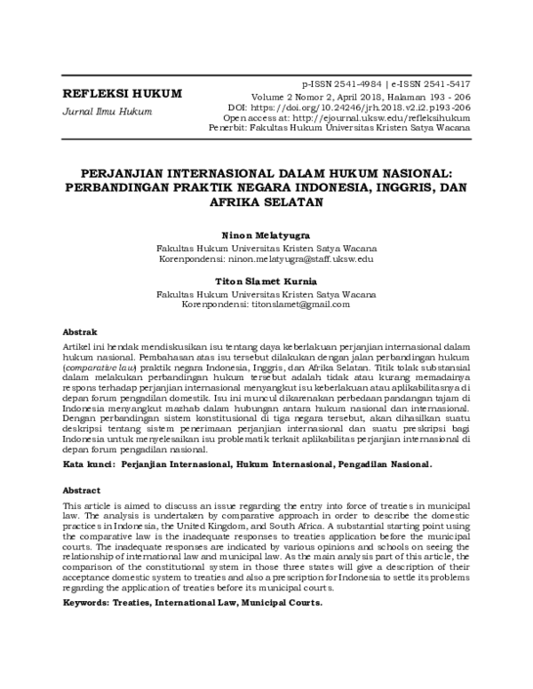 (PDF) Perjanjian Internasional Dalam Hukum Nasional: Perbandingan