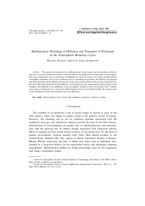 (PDF) Mathematical Modeling of Diffusion and Transport of Pollutants in ...