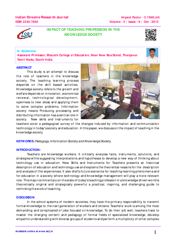 (PDF) IMPACT OF TEACHING PROFESSION IN THE KNOWLEDGE SOCIETY