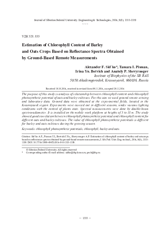(PDF) Estimation of Chlorophyll Content of Barley and Oats Crops Based ...