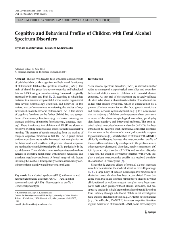 (PDF) Cognitive and Behavioral Profiles of Children with Fetal Alcohol ...