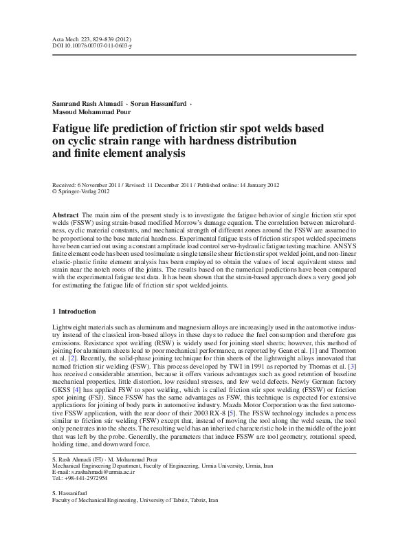 (PDF) Fatigue life prediction of friction stir spot welds based on ...
