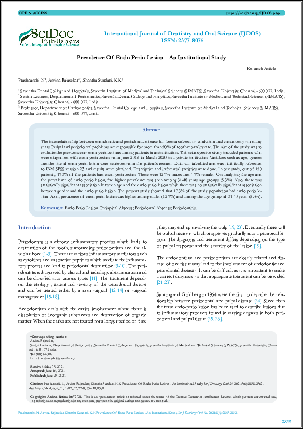 (PDF) Prevalence Of Endo Perio Lesion An Institutional Study Research
