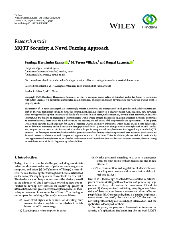(PDF) MQTT Security: A Novel Fuzzing Approach