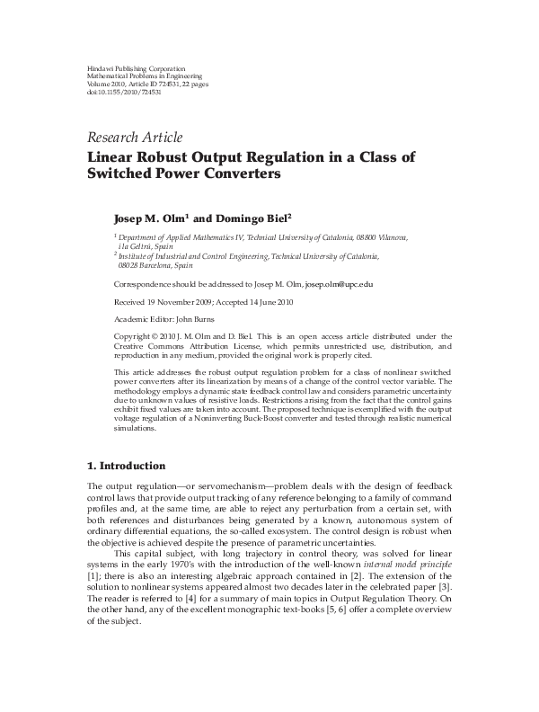 (PDF) Linear robust output regulation in a class of switched power ...