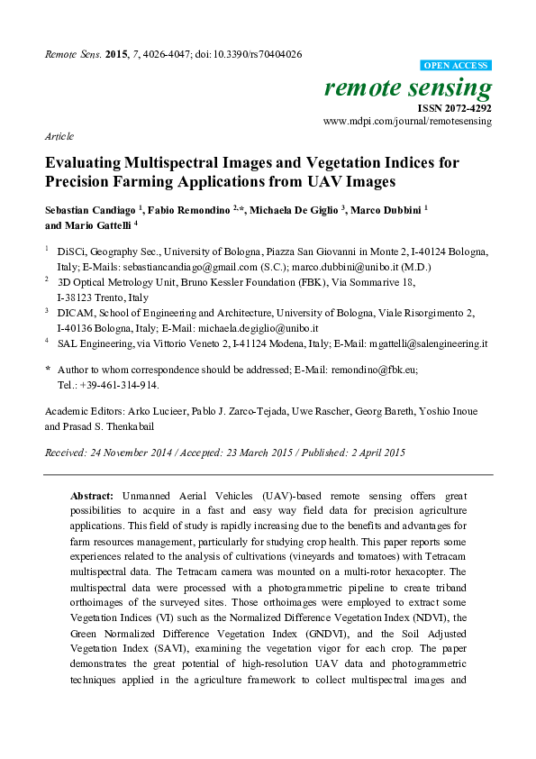 (PDF) Evaluating Multispectral Images and Vegetation Indices for ...