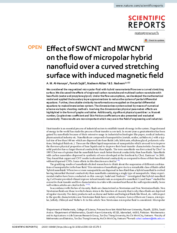 (PDF) Effect of SWCNT and MWCNT on the flow of micropolar hybrid ...