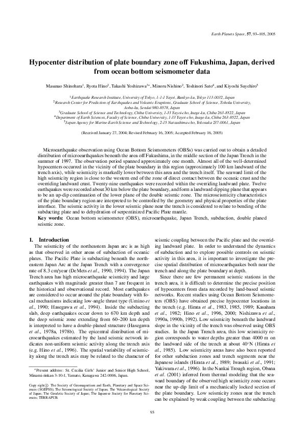 (PDF) Hypocenter distribution of plate boundary zone off Fukushima, Japan, derived from ocean