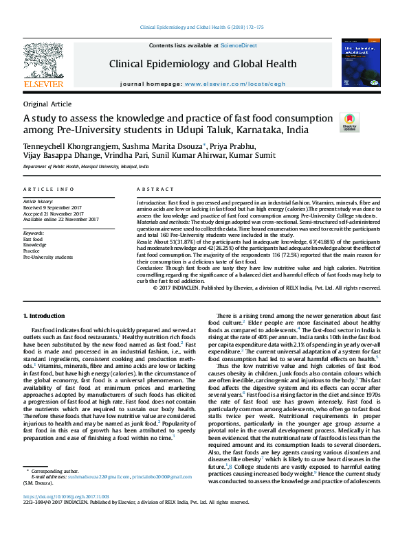 (PDF) A study to assess the knowledge and practice of fast food ...