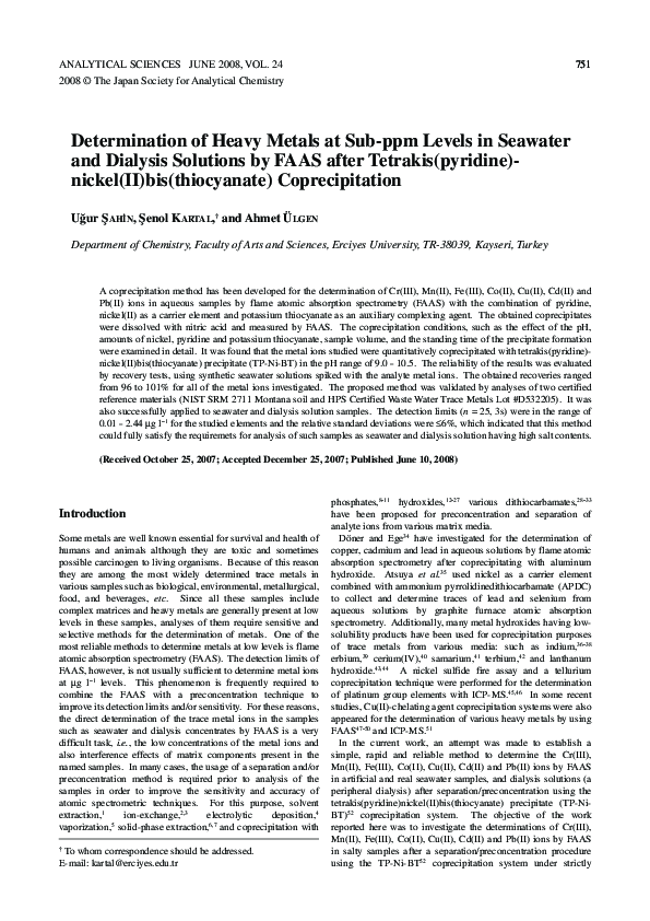 (PDF) Determination of Heavy Metals at Sub-ppm Levels in Seawater and ...