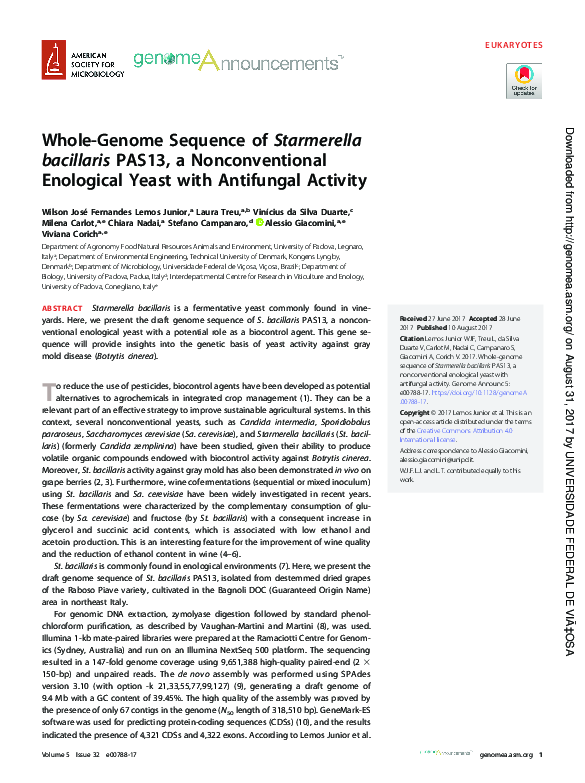 (PDF) Whole-Genome Sequence of Starmerella bacillaris PAS13, a ...