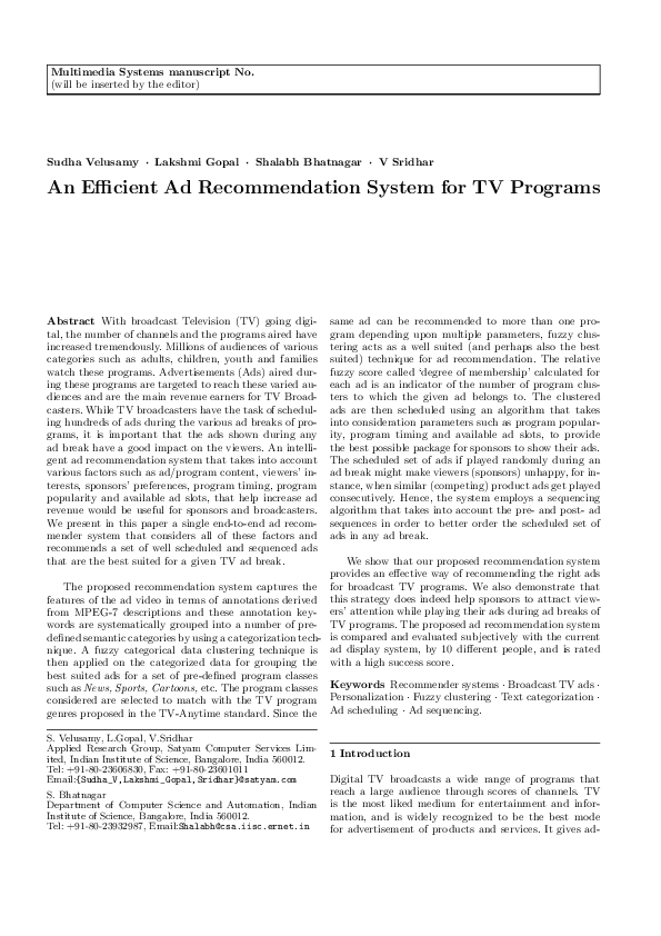 Pdf An Efficient Ad Recommendation System For Tv Programs