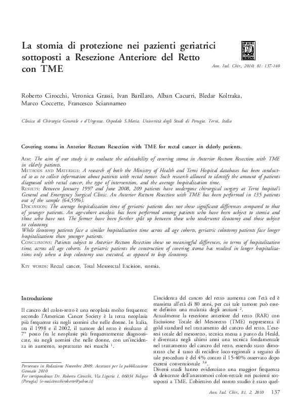 (PDF) La stomia di protezione nei pazienti geriatrici sottoposti a Resezione Anteriore del Retto