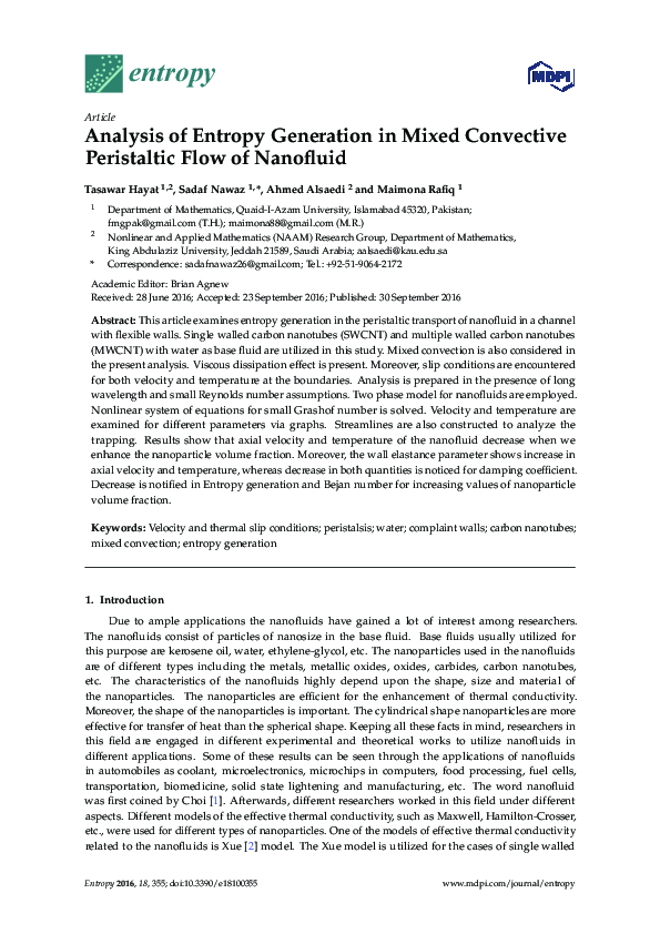 (PDF) Analysis of Entropy Generation in Mixed Convective Peristaltic ...
