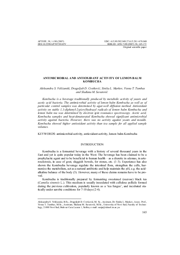 (PDF) Antimicrobial and antioxidant activity of lemon balm Kombucha