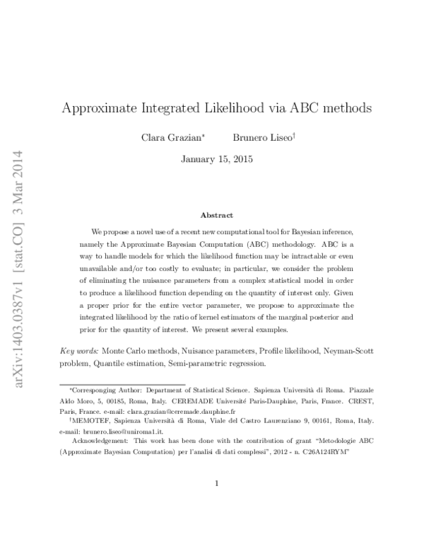 (PDF) Approximate integrated likelihood via ABC methods
