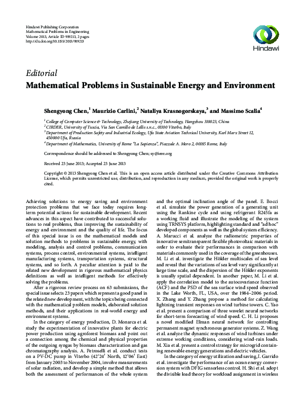(PDF) Mathematical Problems in Sustainable Energy and Environment