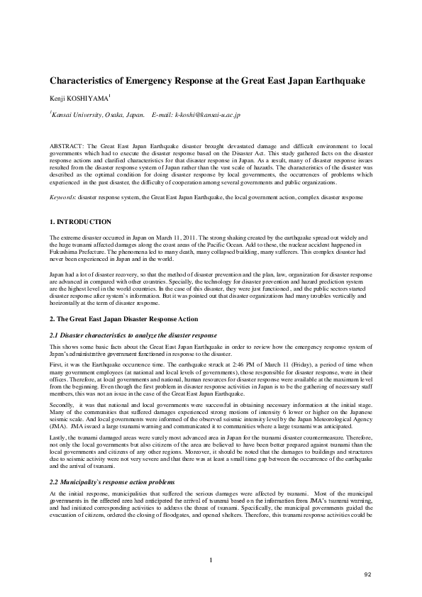 (PDF) Characteristics of Emergency Response at the Great East Japan ...