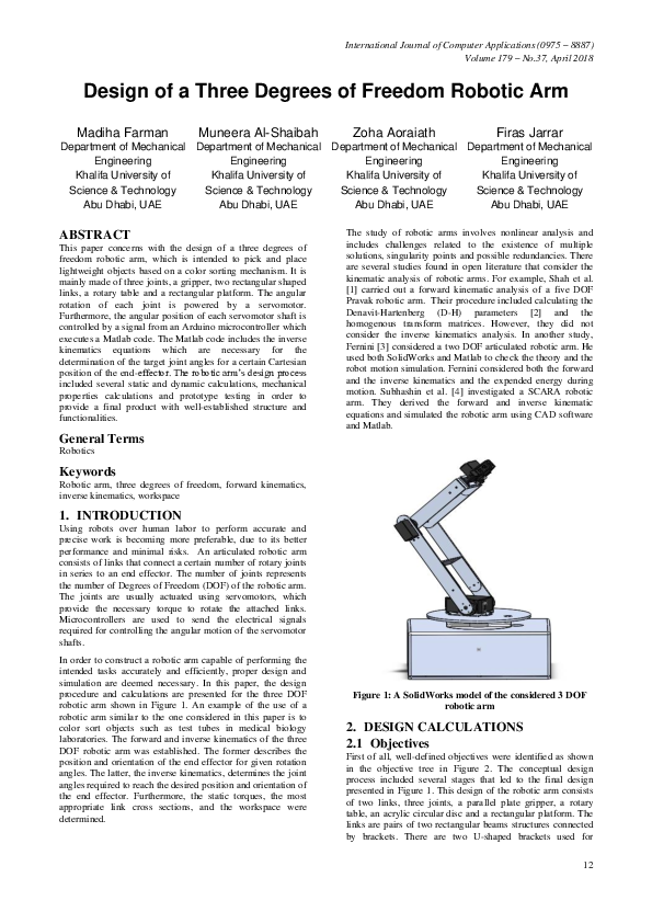 (PDF) Design of a Three Degrees of Freedom Robotic Arm