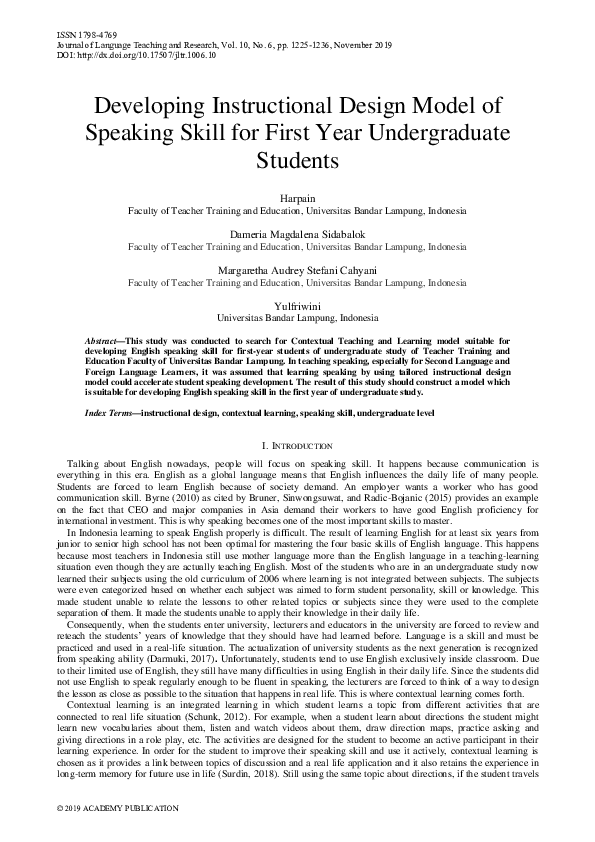 (PDF) Developing Instructional Design Model of Speaking Skill for First ...