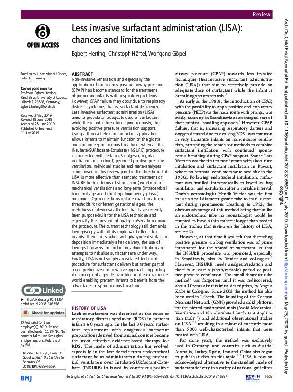 (PDF) Less invasive surfactant administration (LISA): chances and ...