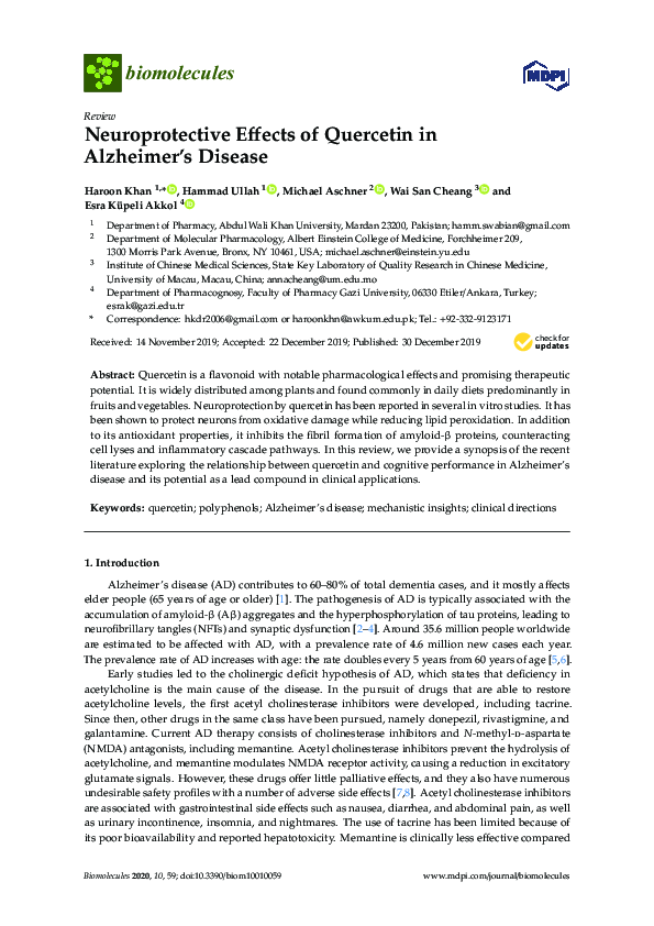 (PDF) Neuroprotective Effects of Quercetin in Alzheimer’s Disease Hammad Ullah Academia.edu