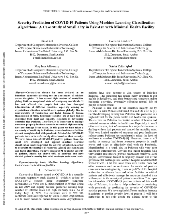 (PDF) Severity Prediction of COVID-19 Patients Using Machine Learning ...