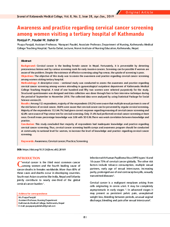 (PDF) Awareness and practice regarding cervical cancer screening among ...