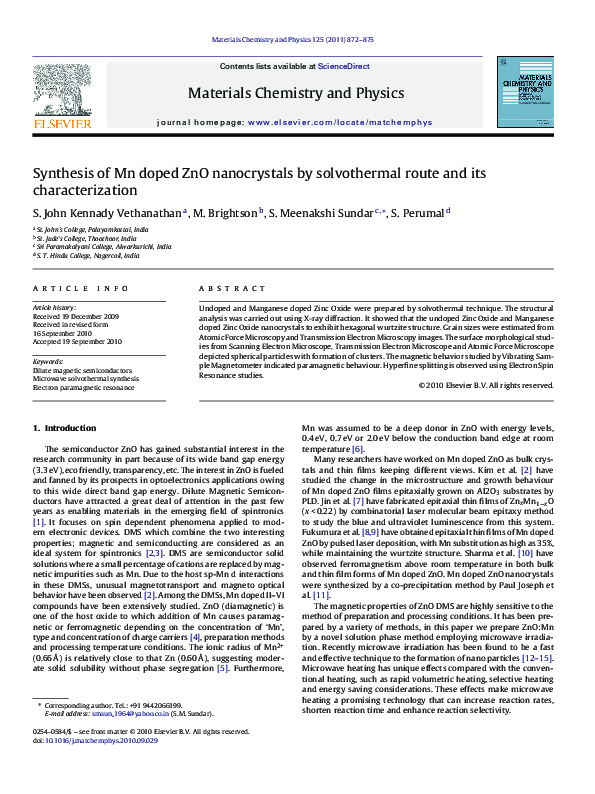 (PDF) Synthesis of Mn doped ZnO nanocrystals by solvothermal route and ...