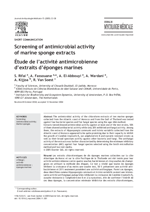 (PDF) Screening of antimicrobial activity of marine sponge extracts