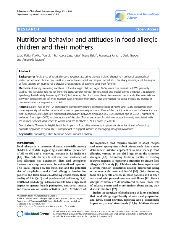 (PDF) Nutritional behavior and attitudes in food allergic children and ...
