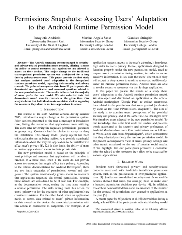 (PDF) Permissions snapshots: Assessing users' adaptation to the Android ...