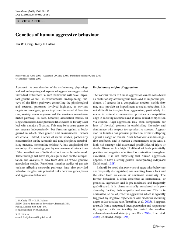 (PDF) Genetics of human aggressive behaviour