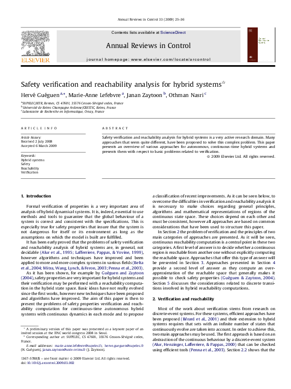(PDF) Safety verification and reachability analysis for hybrid systems