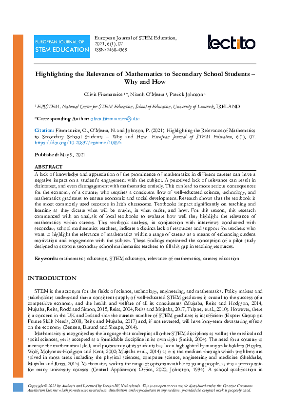 (PDF) Highlighting the Relevance of Mathematics to Secondary School ...