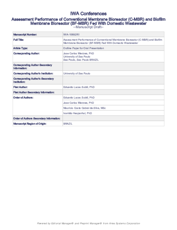 (PDF) Assessment Performance of Conventional Membrane Bioreactor (C-MBR ...